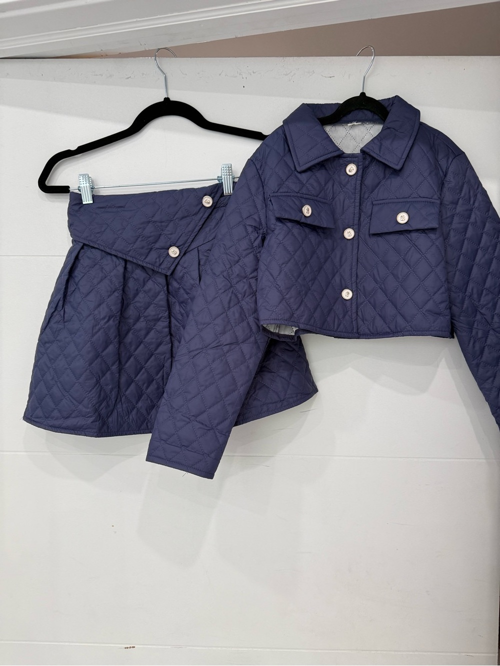 Quilted Two-Piece Jacket and Skirt Set - Navy